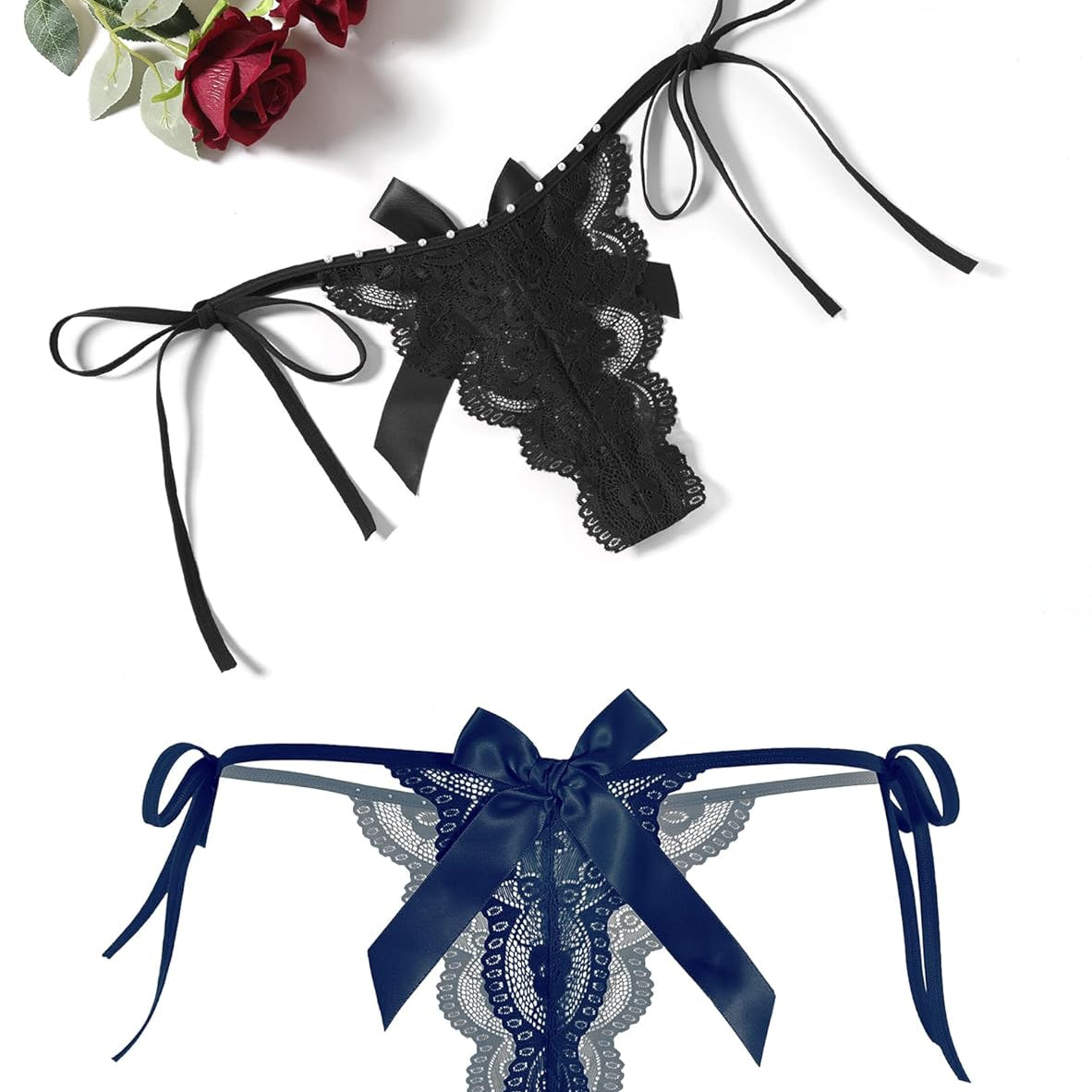 Floral Lace Tangas With Bow And Pearl