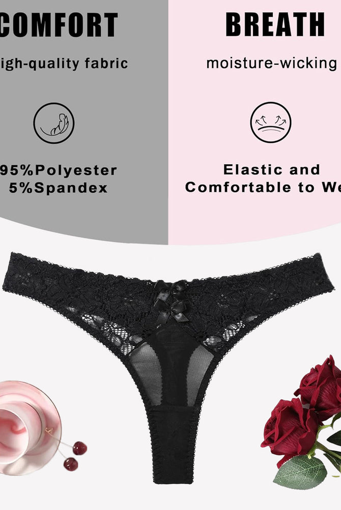 Black lace mesh thong panties, low waist design, comfortable and breathable, 95% Polyester