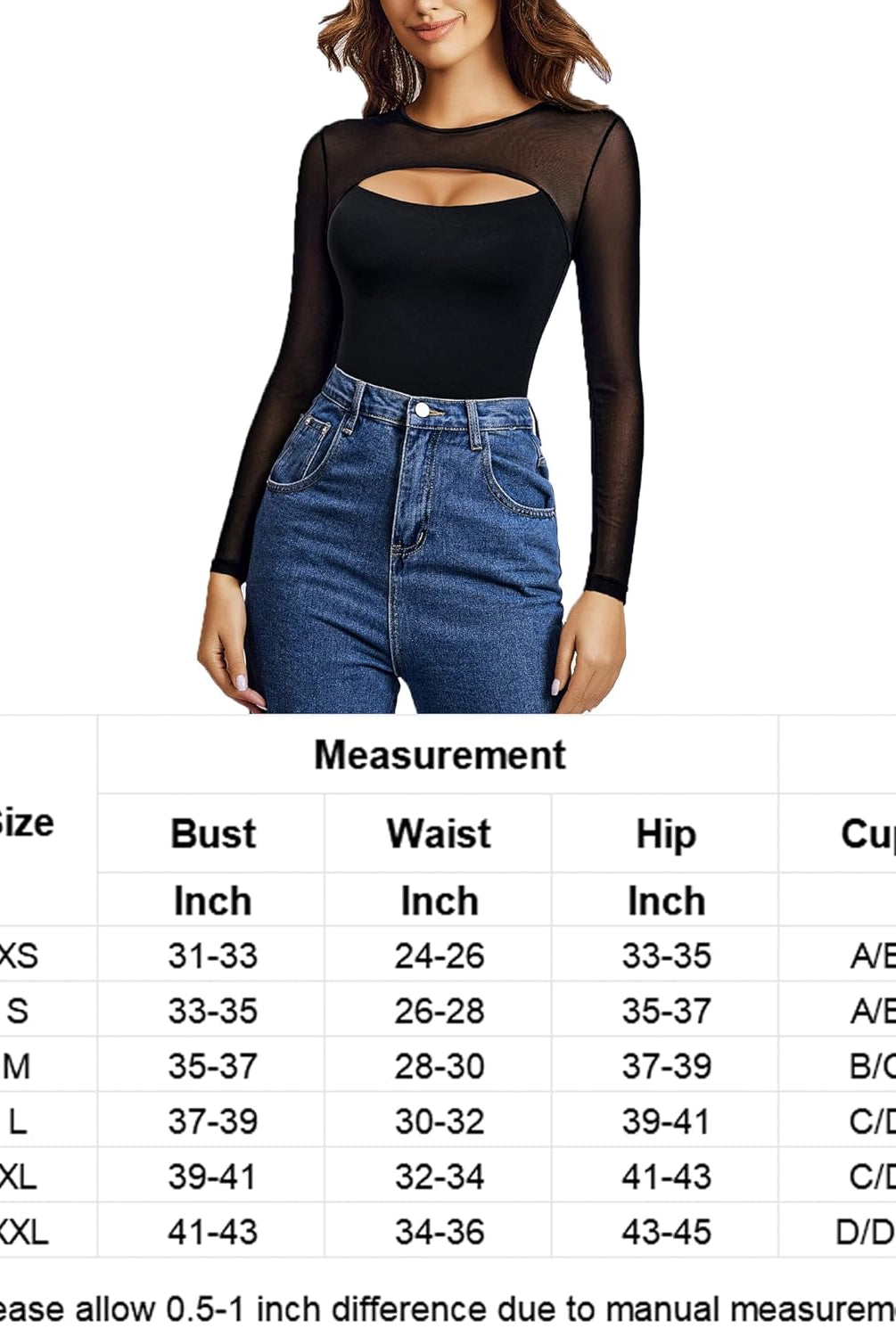 Black long sleeve bodysuit with mesh cutout, showcasing measurements and style for confident wear.