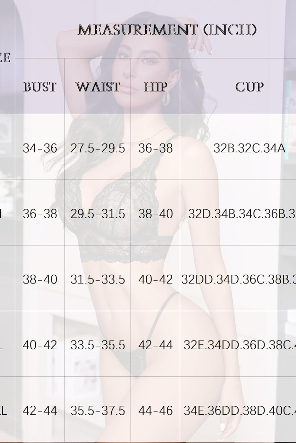Lace bralette set size chart: bust, waist, hip, cup measurements in inches for sizes S-XXL.