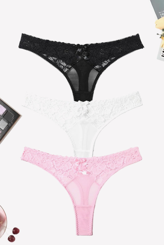Mesh lace thongs in black, white, and pink with bow detail, low waist panties, elegant lingerie