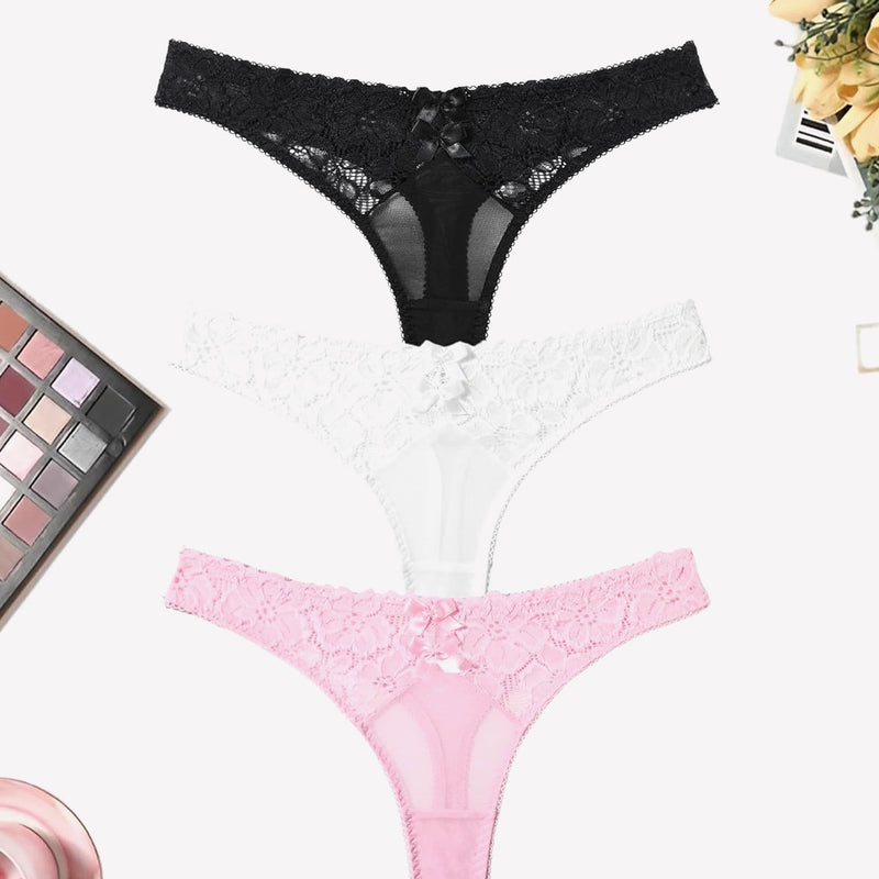 Mesh lace thongs in black, white, and pink with bow detail, low waist panties, elegant lingerie