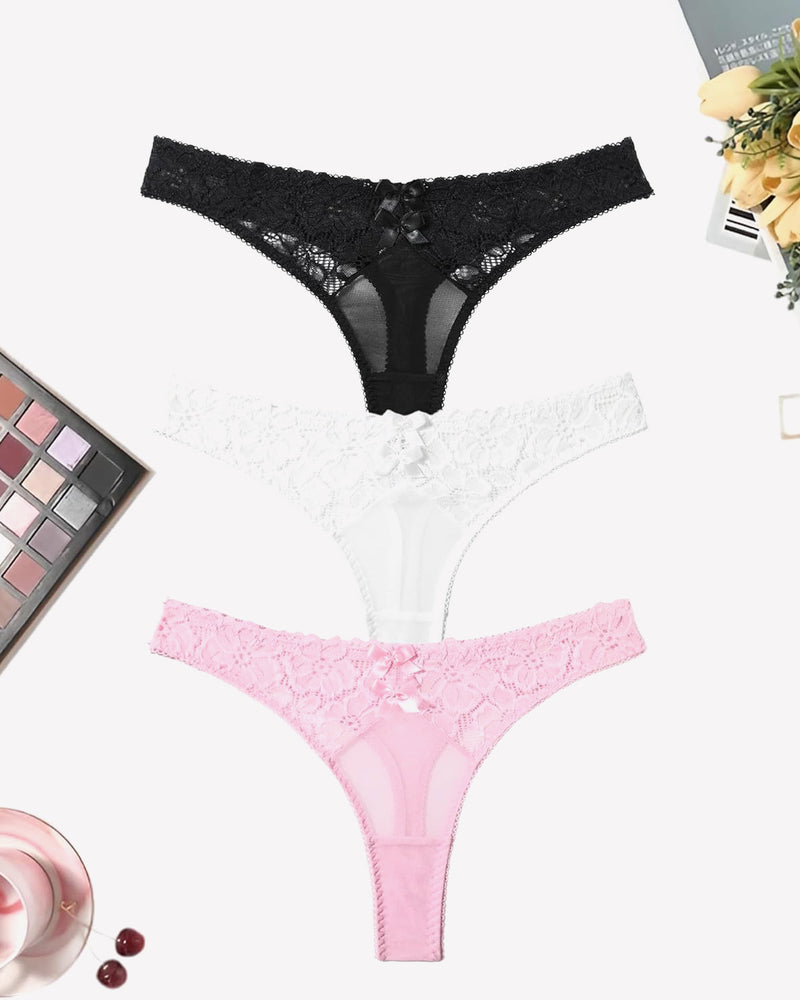 Mesh lace thongs in black, white, and pink with bow detail, low waist panties, elegant lingerie