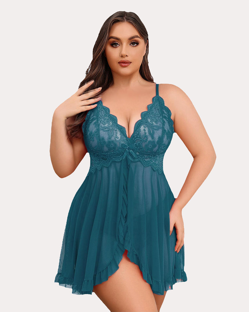 Plus size lace babydoll with open front, teal lace bodice and sheer tiered skirt