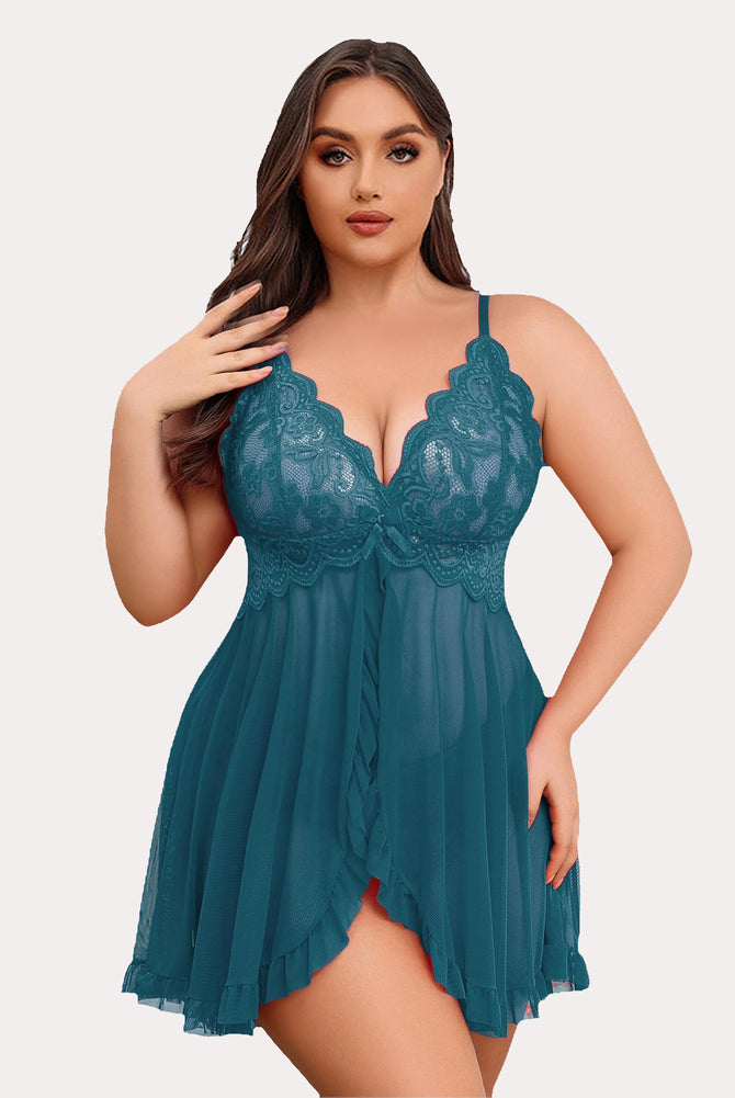 Teal plus size lace open front babydoll lingerie set with adjustable straps and deep V-neck