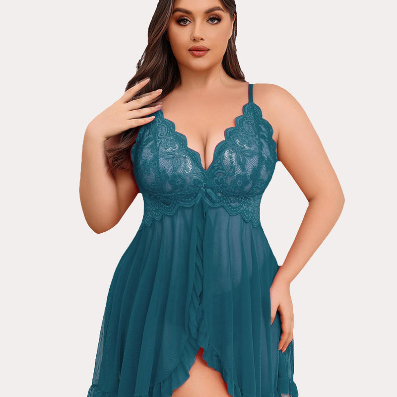Teal plus size lace open front babydoll lingerie set with adjustable straps and deep V-neck