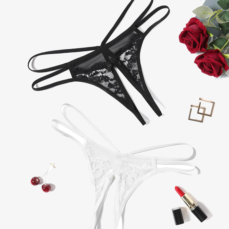 Black and white floral lace open G-string panties, sexy lingerie with bow detail, Avidlove