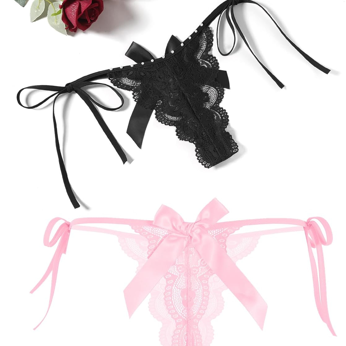 Floral Lace Tangas With Bow And Pearl