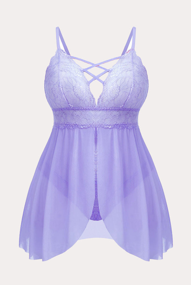 Plus size purple lace babydoll nighty with criss-cross detailing, snap crotch and thong back