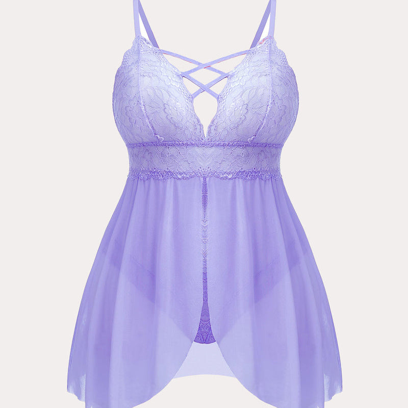 Plus size purple lace babydoll nighty with criss-cross detailing, snap crotch and thong back