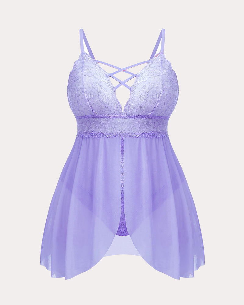 Plus size purple lace babydoll nighty with criss-cross detailing, snap crotch and thong back