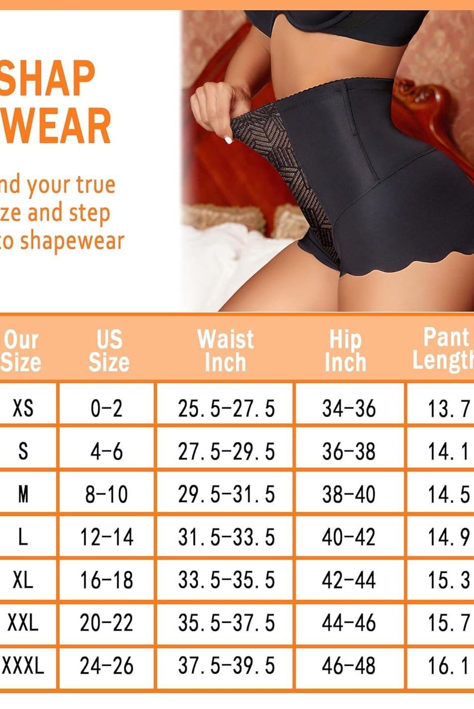 Black tummy control shapewear with sizing chart; find your true size and step into shapewear