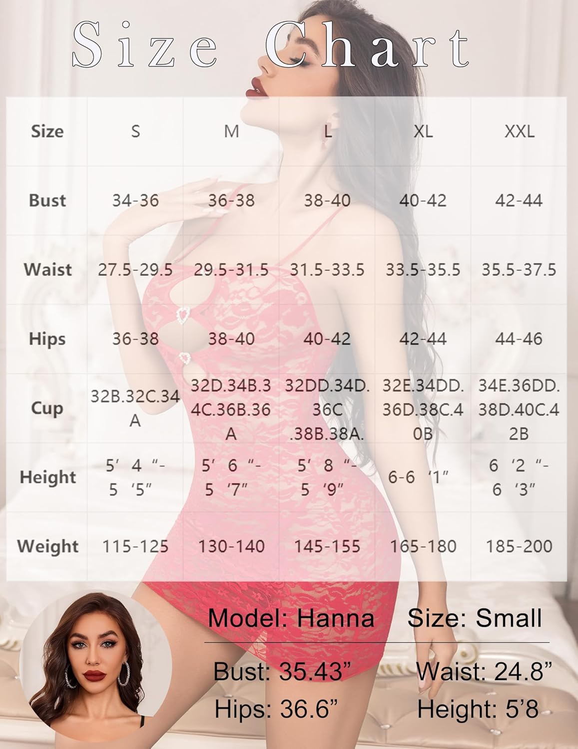 Cutout chemise size chart with model measurements for boudoir lingerie.