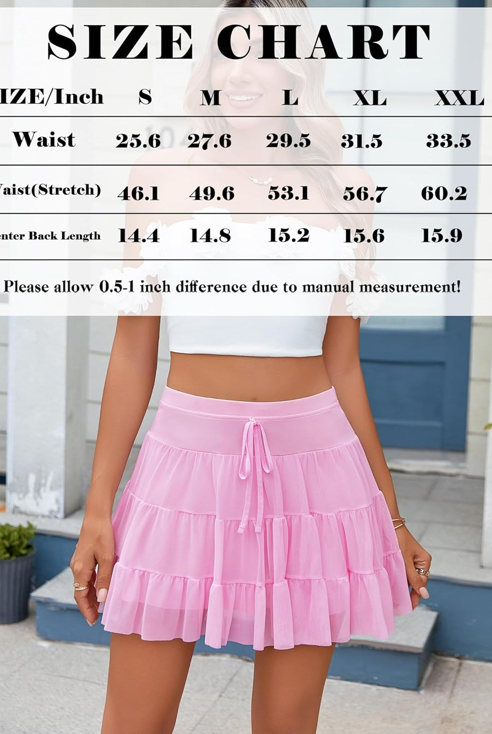 Pink pleated mini skirt size chart with waist and length measurements, available in sizes S to XXL