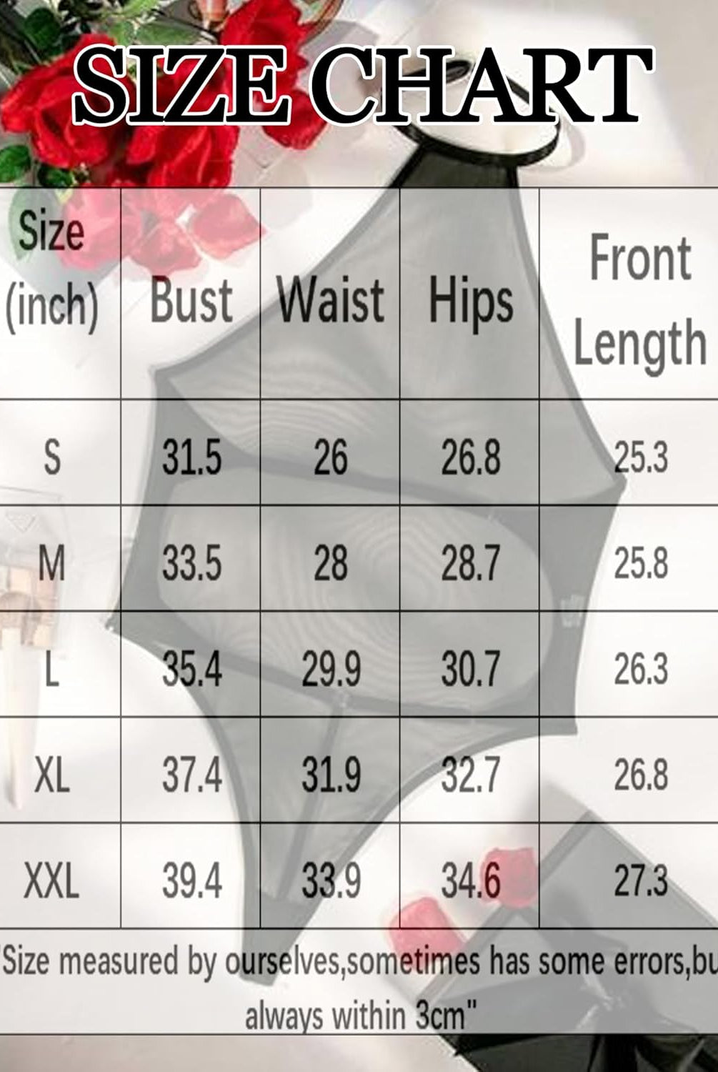 Mesh bodysuit size chart with bust, waist, and hip measurements for sizes S-XXL