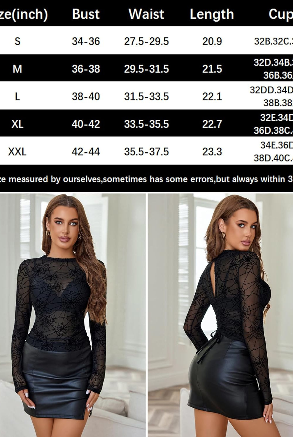 Black sheer blouse with spiderweb design, drawstring detail, and size chart. Avidlove sexy lingerie.