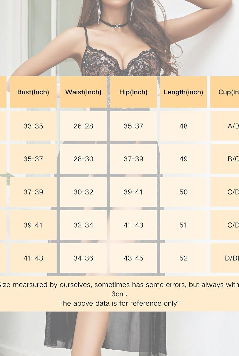 Black lace mesh nightgown size chart, showing measurements for bust, waist, and hip sizes.