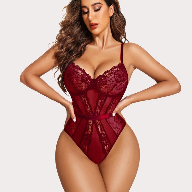Deep red lace underwire bodysuit, featuring floral lace and mesh, adjustable straps, sexy lingerie.