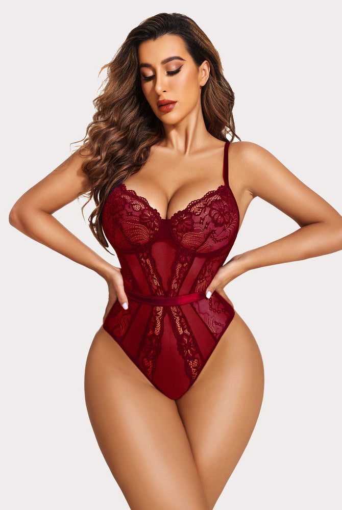 Burgundy lace underwire bodysuit teddy with floral details and snap crotch. Sexy lingerie for women.