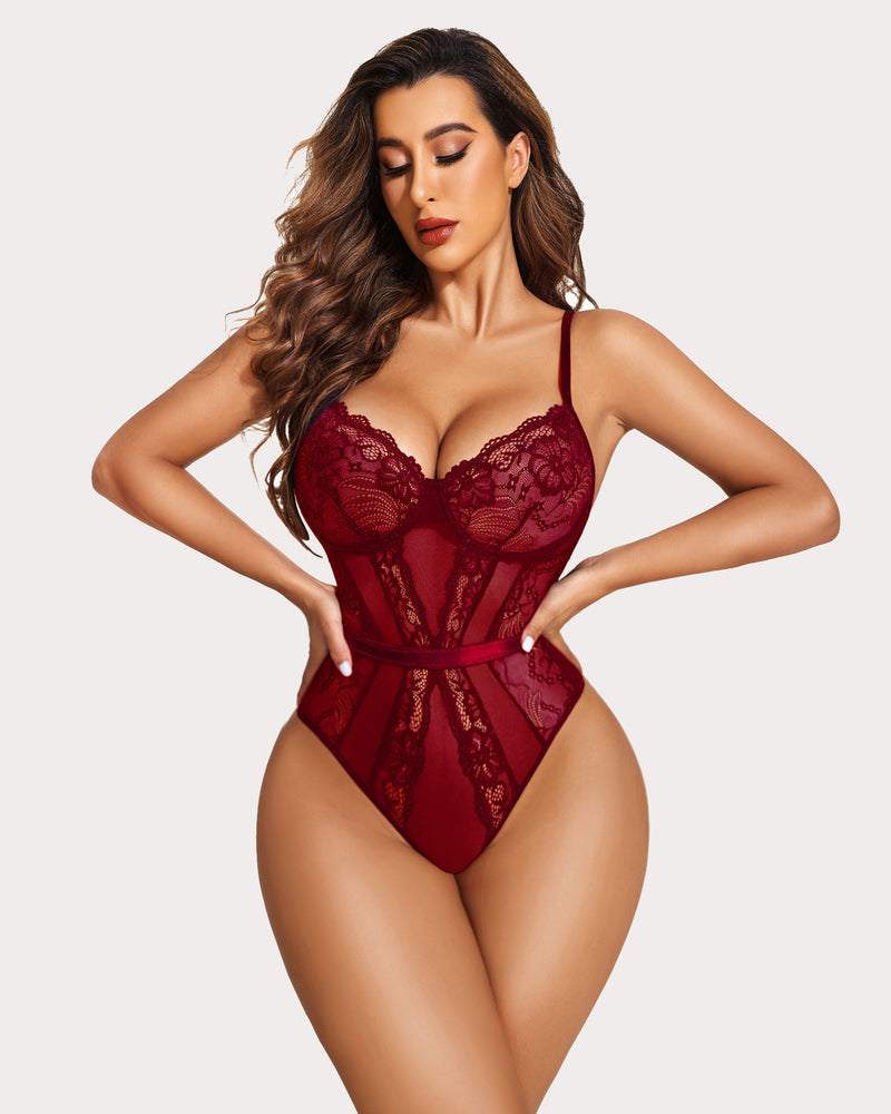 Burgundy lace underwire bodysuit teddy with floral details and snap crotch. Sexy lingerie for women.