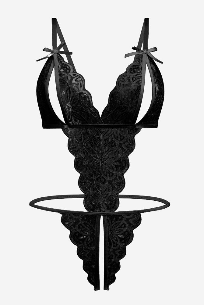 Black lace bodysuit with deep V neckline, adjustable straps, crotchless design, and bow details