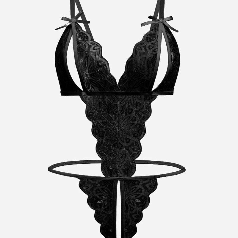 Black lace bodysuit with deep V-neck, backless, and bow details. Sexy lingerie.