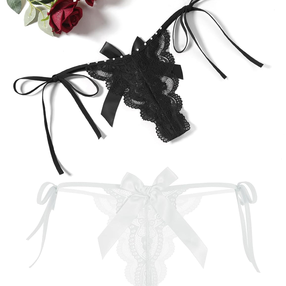 Floral Lace Tangas With Bow And Pearl