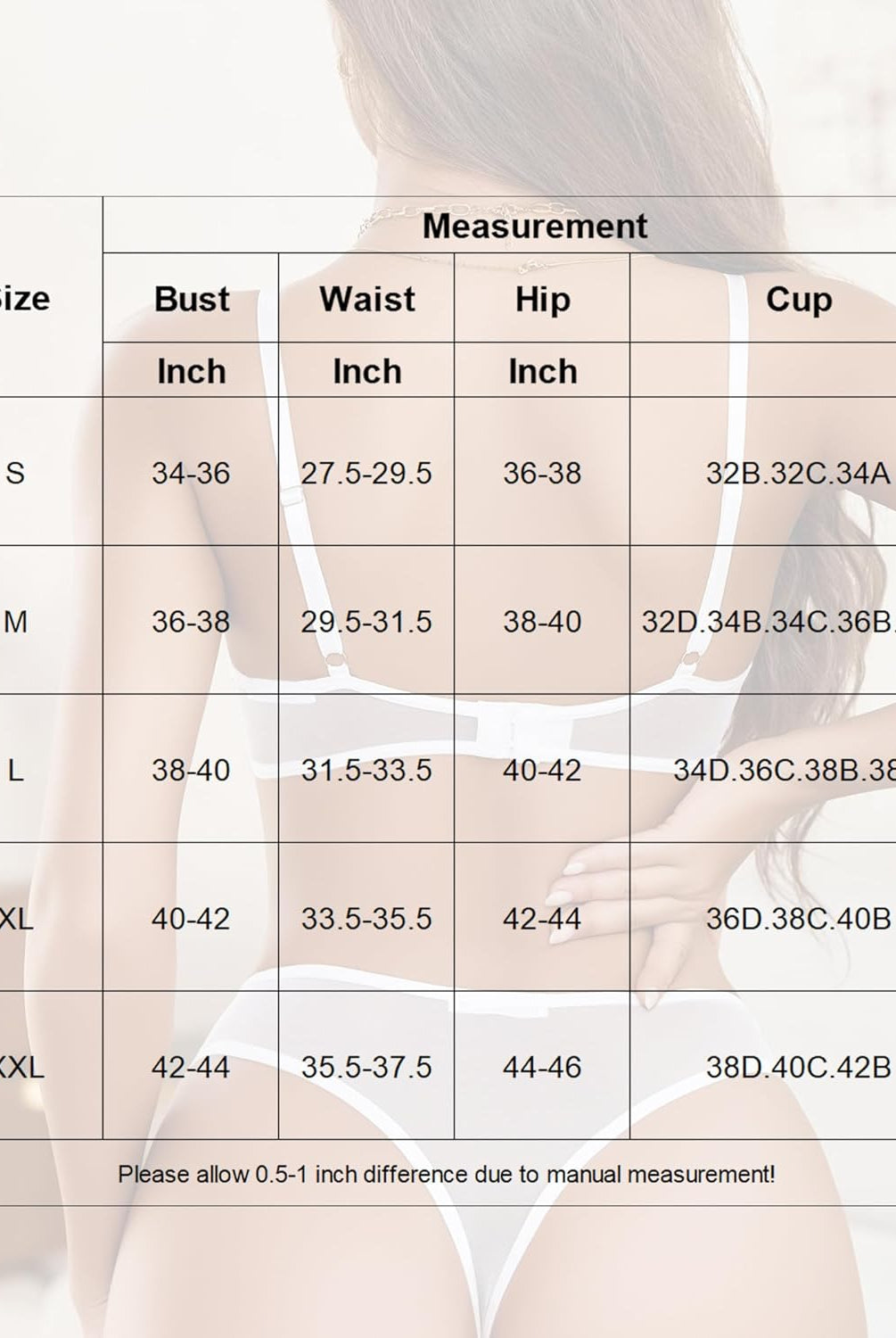 Mesh Lace Bra and Panty Set size chart: S-XXL sizes by Avidlove. Find your perfect fit.