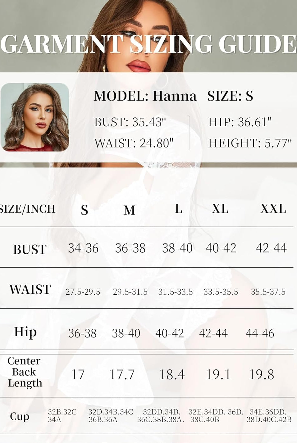 Lace bodysuit sizing guide, model Hanna, bust 35.43", waist 24.80", sizes S-XXL, perfect fit