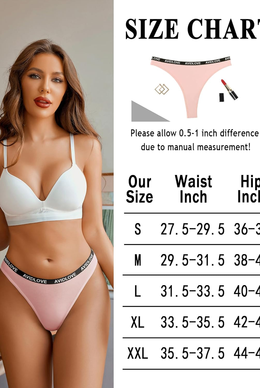 Avidlove low-rise cotton thong with size chart for accurate fit. Comfortable, breathable lingerie.
