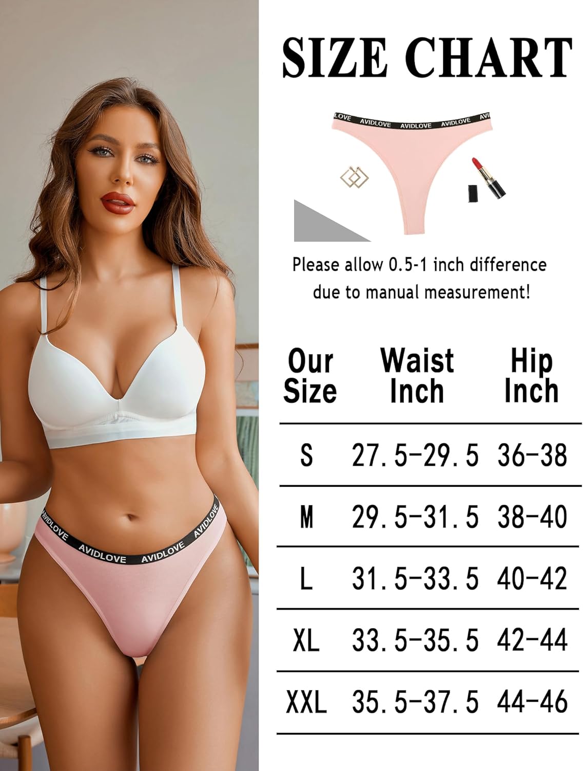 Avidlove low-rise cotton thong with size chart for accurate fit. Comfortable, breathable lingerie.