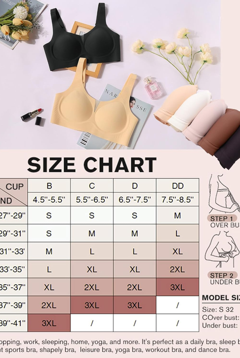 Seamless deep V comfort bra, black and beige, size chart included, full coverage, wireless design