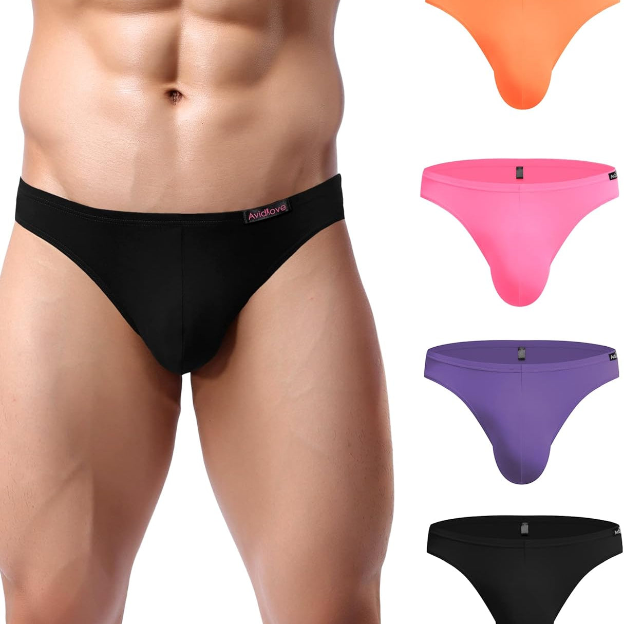 Men's low-rise hip briefs, black, orange, pink, purple