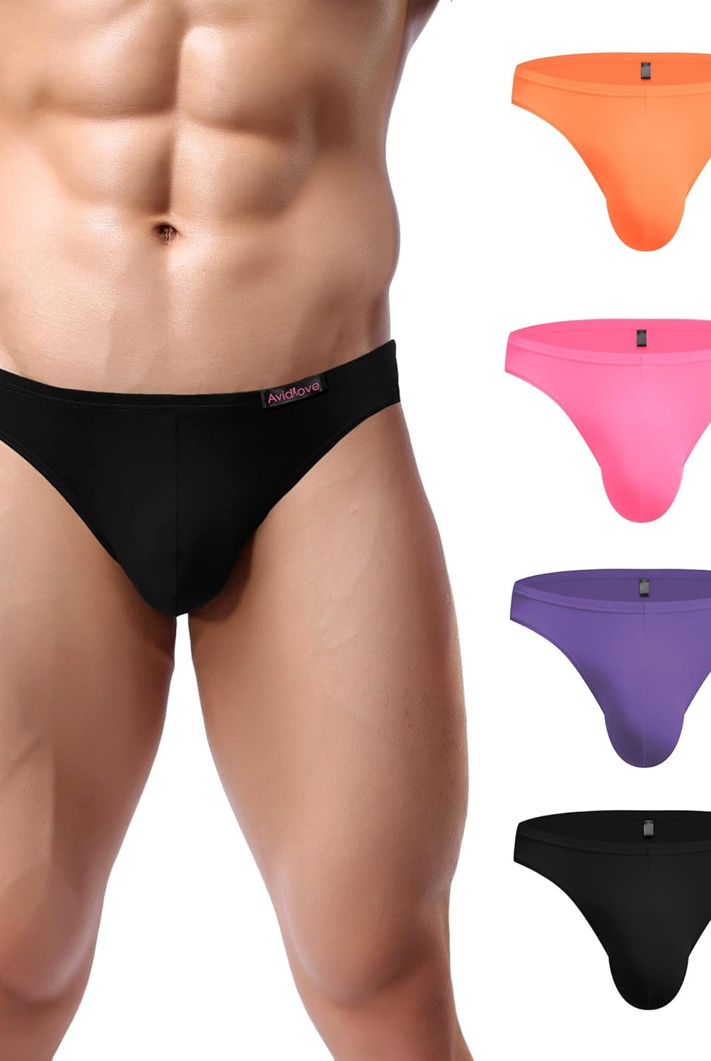 Men's low-rise hip briefs, black, orange, pink, purple