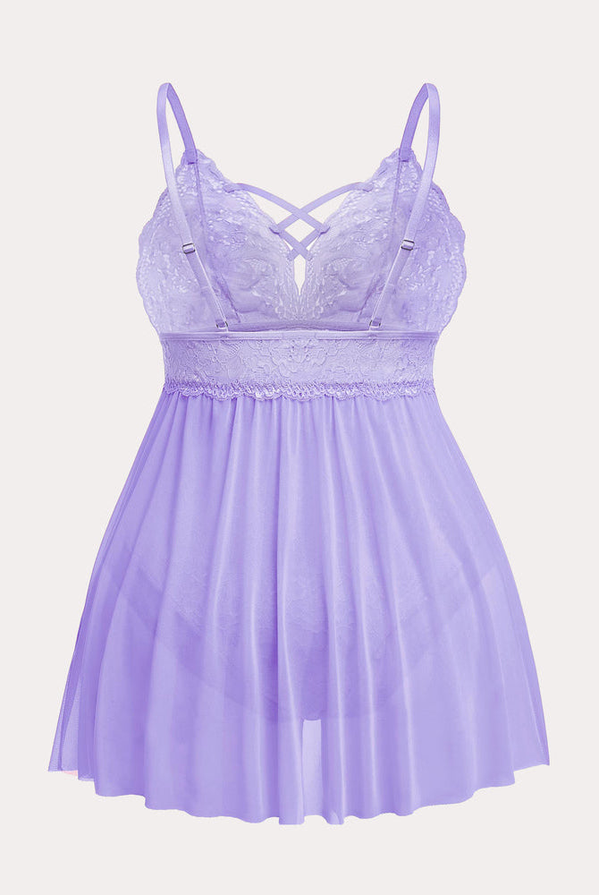 Lavender plus size lace nighty with criss-cross bust, adjustable straps, and babydoll design