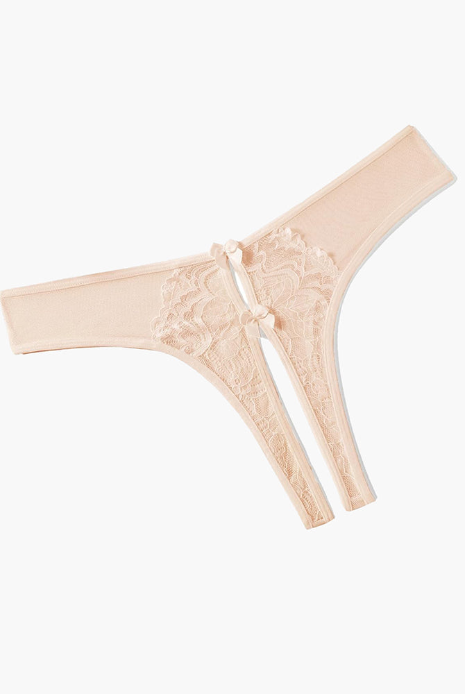 Beige mesh panties briefs with lace and bow details, designed for charm and comfort.