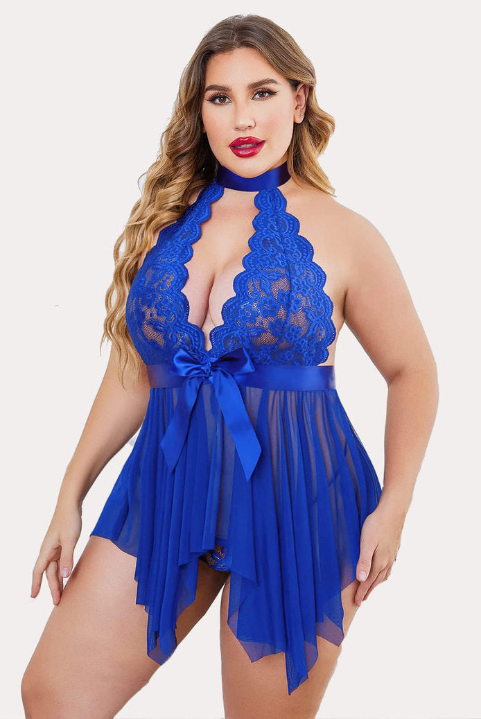 Plus size blue lace babydoll with halter neck, satin bow, and flowing mesh skirt lingerie.