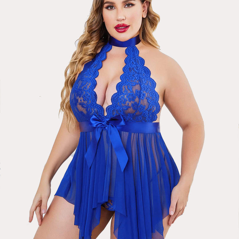 Plus size blue lace babydoll lingerie with satin bow and mesh skirt, perfect for a romantic night