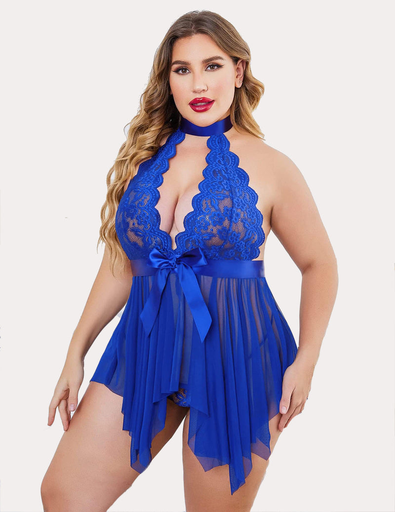 Plus size blue lace babydoll lingerie with satin bow and mesh skirt, perfect for a romantic night