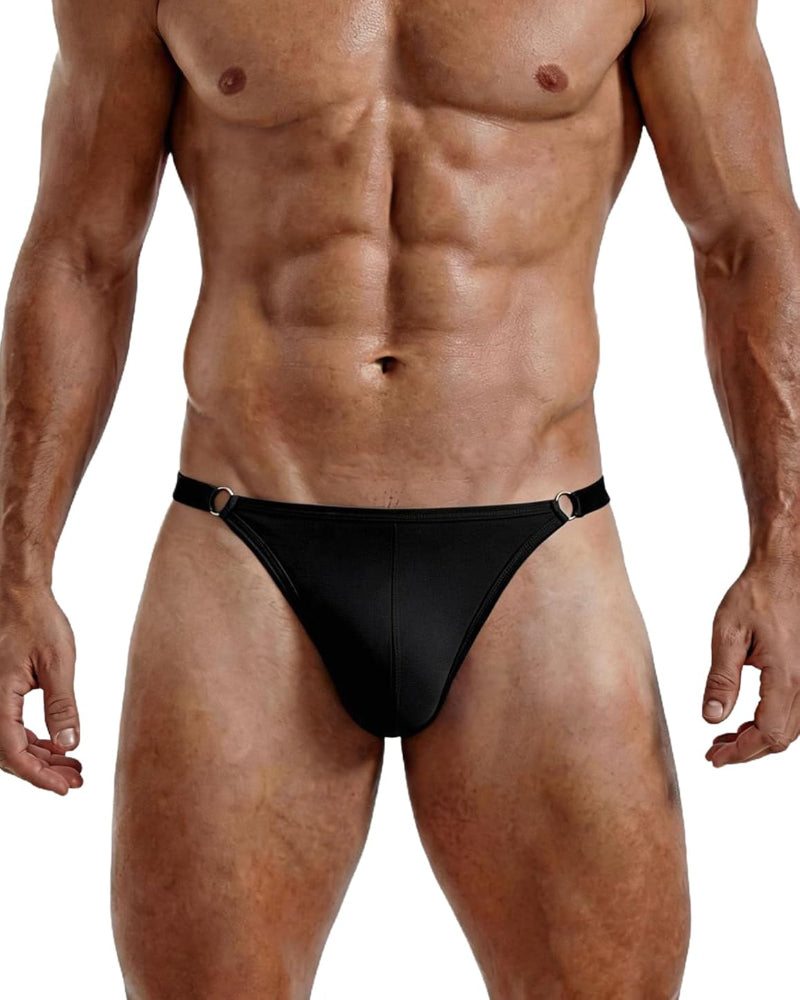Men's low-rise thong underwear in black, T-back cut with ring strap details