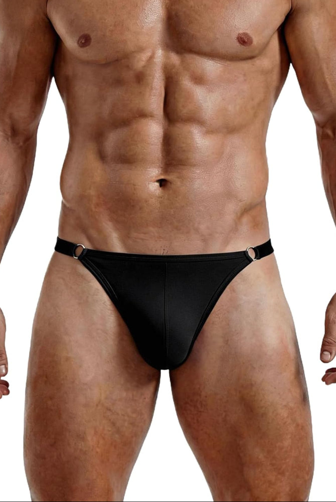 Men's low-rise thong underwear in black, T-back cut with ring strap details