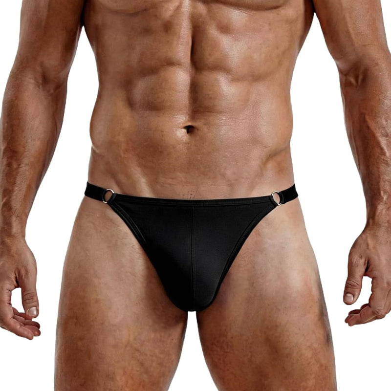 Men's low-rise thong underwear in black, T-back cut with ring strap details