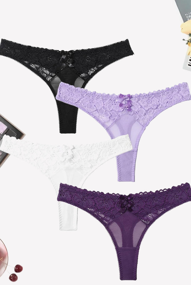 Mesh Lace Thongs in Black, Purple, White, Lavender. Low waist, lace, and bow details.