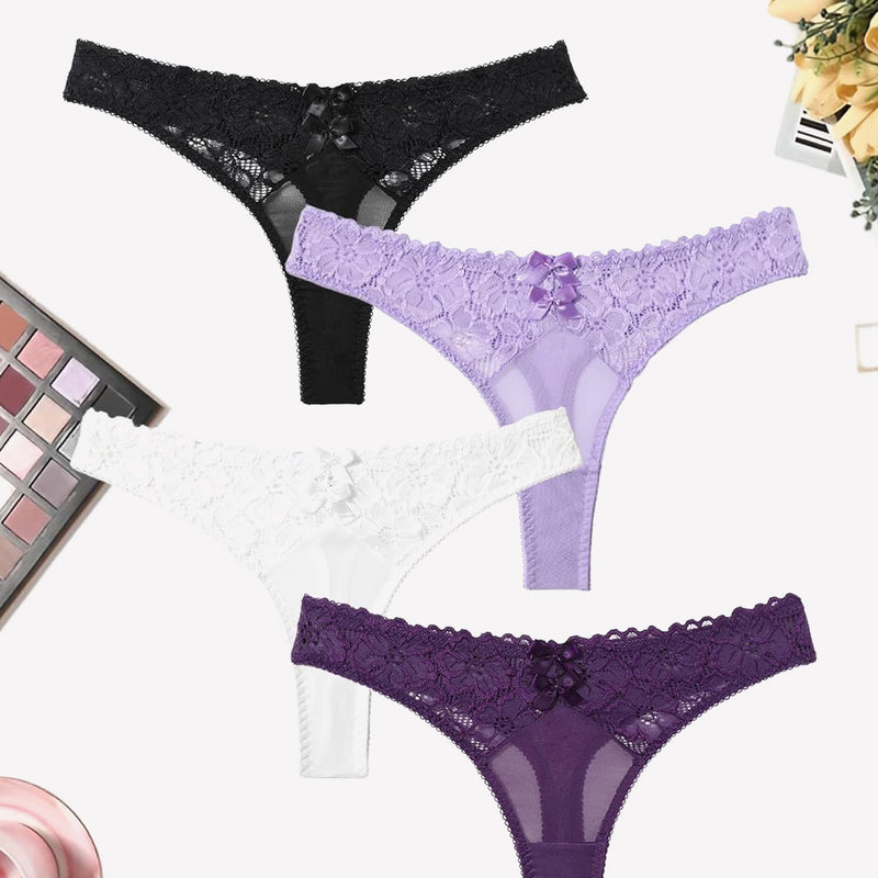 Mesh Lace Thongs in Black, Purple, White, Lavender. Low waist, lace, and bow details.
