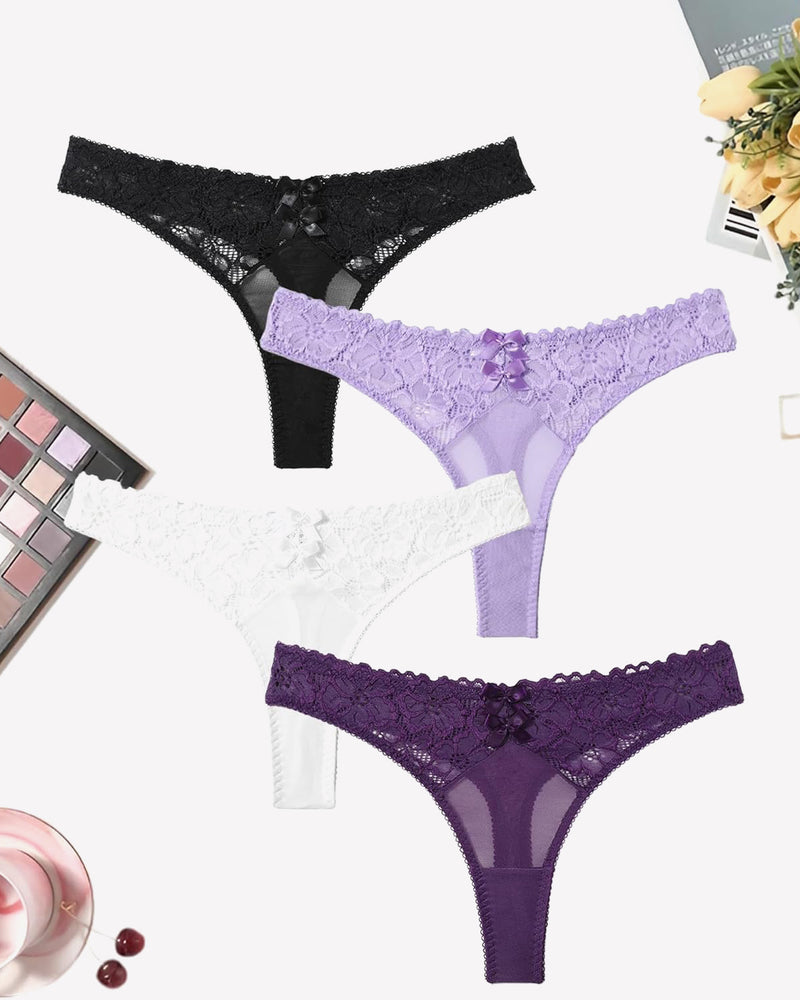 Mesh Lace Thongs in Black, Purple, White, Lavender. Low waist, lace, and bow details.