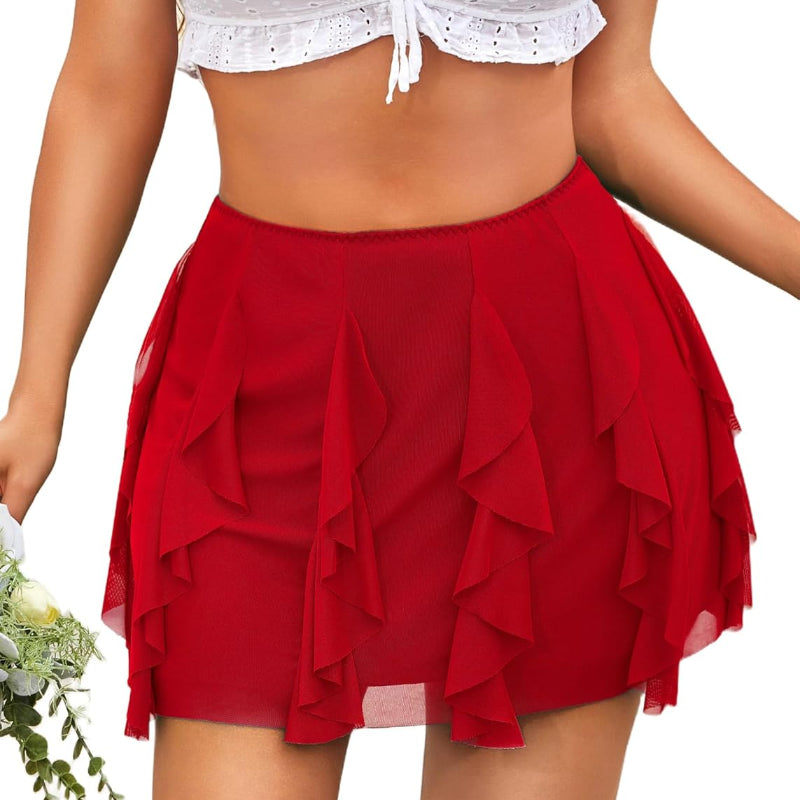 Red layered ruffle mini skirt with tiered flounces and elastic waist