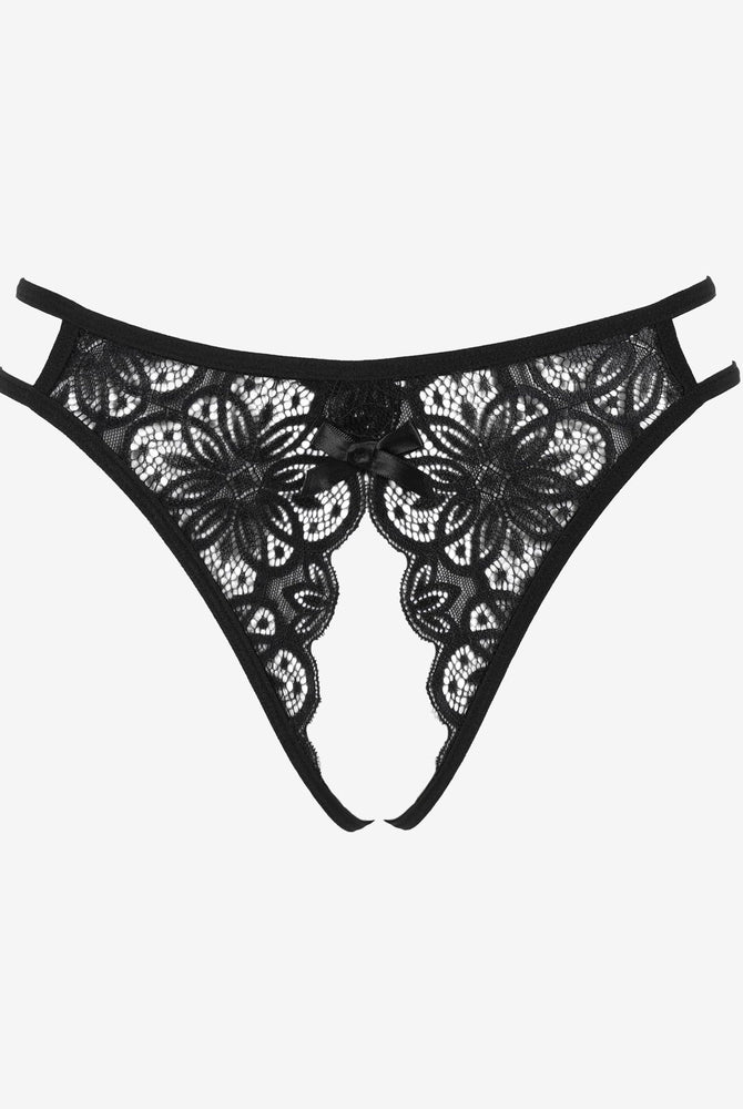 Black floral lace briefs with a cute bow, low-rise design, and soft, stretchable material