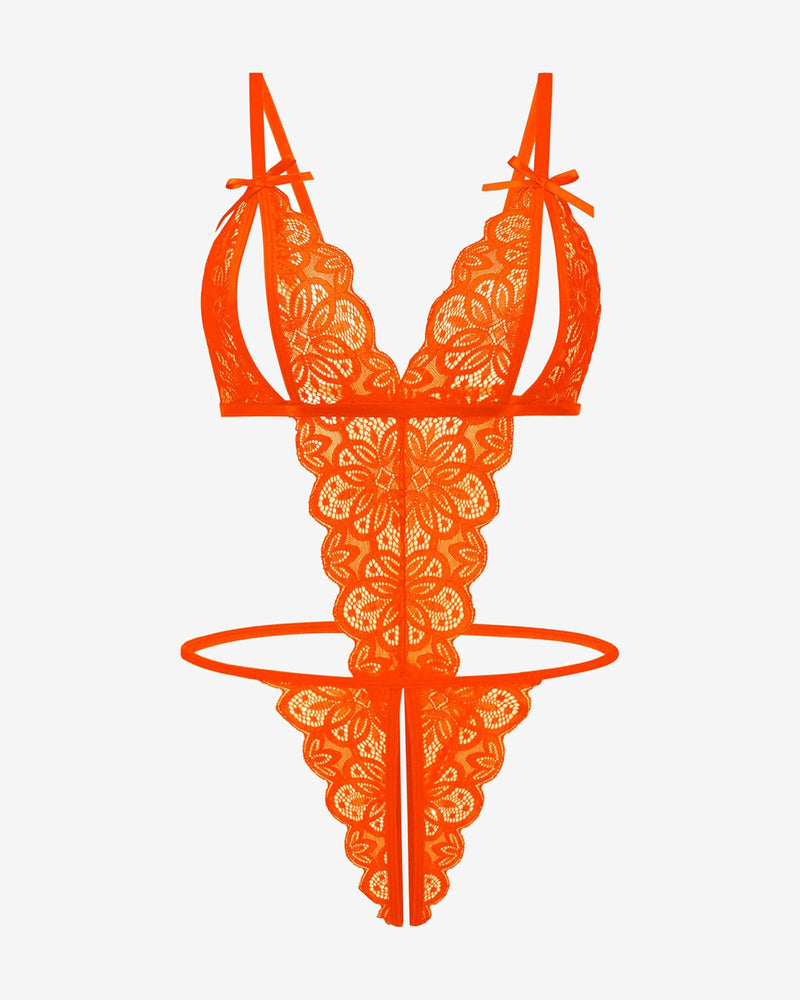Orange lace bodysuit with open cup, bow details, and backless design. Sexy lingerie for a hot night.