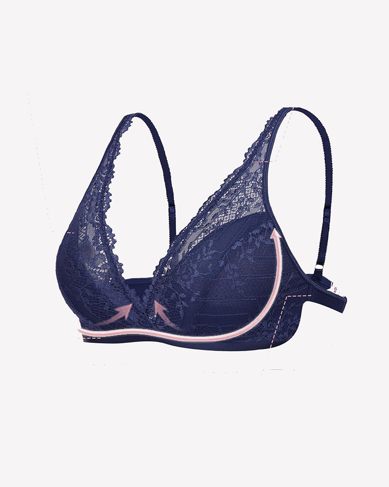 Navy blue lace wireless bralette with adjustable straps and floral lace, comfortable lingerie.