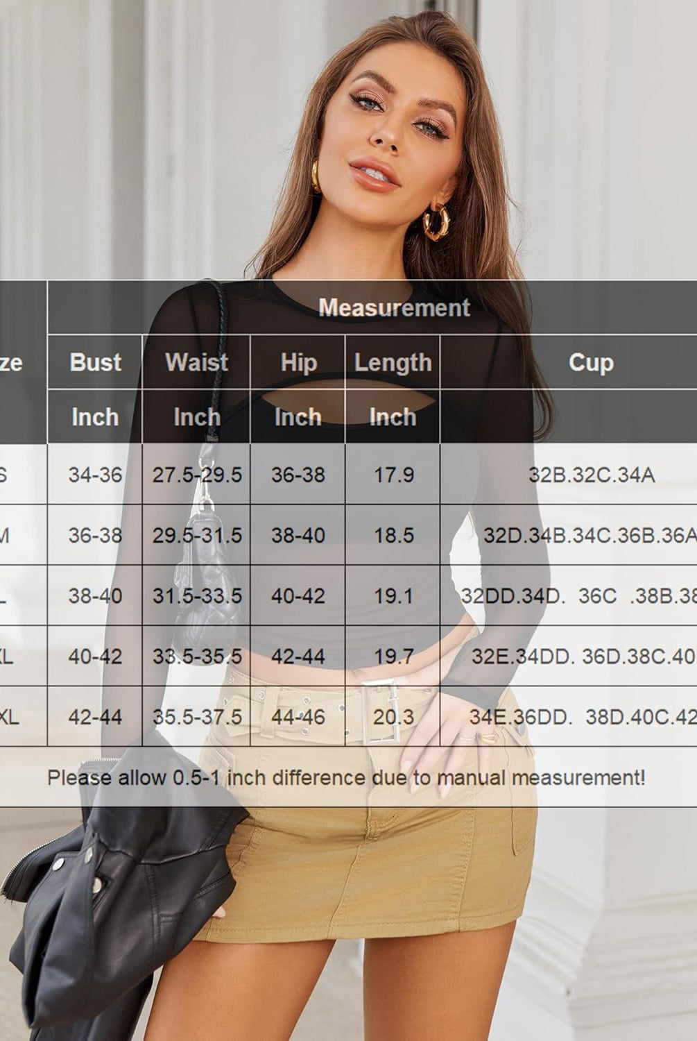 Black mesh long sleeve crop top with size chart, perfect for parties, Avidlove